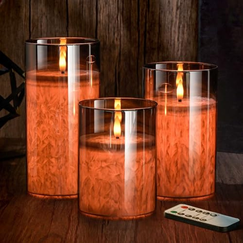 MOZC Flammlös LED-ljus med Fjärrkontroll och Timer, 3 Stycken (10–15 Cm), Dansande Flamma, Glashölje, äkta vax, Batteridrivna Ljus, Lämplig För Badrum, Vardagsrum Och Sovrum (Grå)