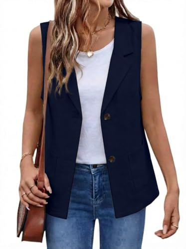 IDEALSANXUN Veste en lin pour femmes décontractée sans manches pour le printemps et l'été, bleu marine, XX-Large