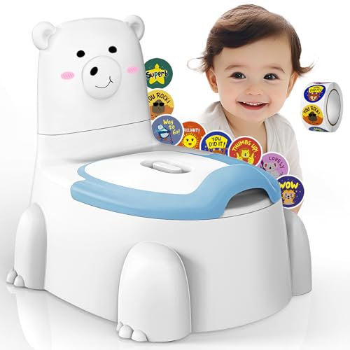 Potty Training Toilet Seat,Travel Potty for Toddlers with Potty Training Reward Stickers Portable Polar Bear Toilet Potty with Splash Guard for Ages 1-6 Kids Boys Girls,Blue White
