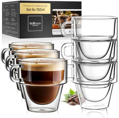 ElbFuchs® Tazas de espresso 6x150 ml apilables | Vasos térmicos de cristal con doble pared y asa | Ideales para café espresso y moka