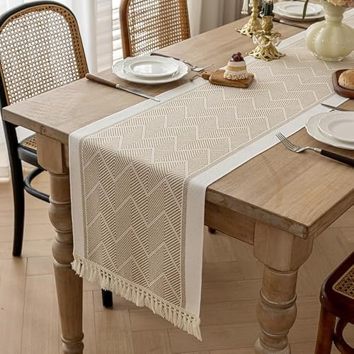 Camino de Mesa Moderno, Lavable, Antideslizante y Resistente al Calor, Cocina, Comedor, Mesa, Decoración Interior, Vacaciones, Fiesta, Decoración (35x120 cm, Beige)