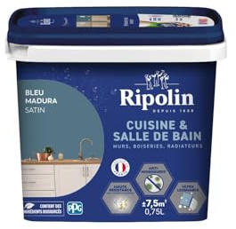 RIPOLIN - Peinture Intérieure Cuisine et Bain – Murs, Boiseries & Radiateurs - Adapté Pièces Humides - Effet Perlant - Lessivable - Haute Résistance - Bleu Madura - Satin - 0L75