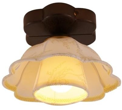 Lámpara techo empotrada tela floral vintage con base madera retro rural, lámpara montaje cercano al techo, accesorios decoración for el hogar, entrada, pasillo y dormitorio.