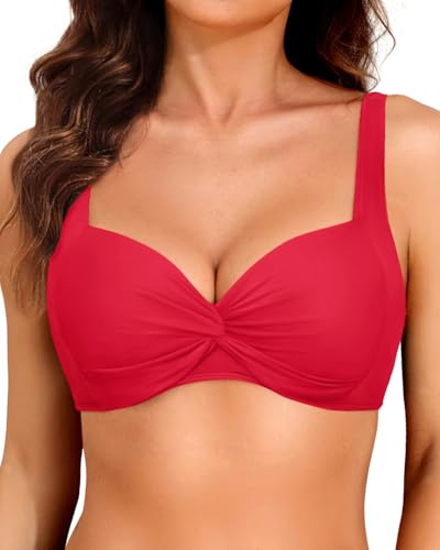 Yonique Women Underwire Bikini Top - 2025 Push Up Swimsuit Tops Padded Bra Bathing Suit Solid Red M