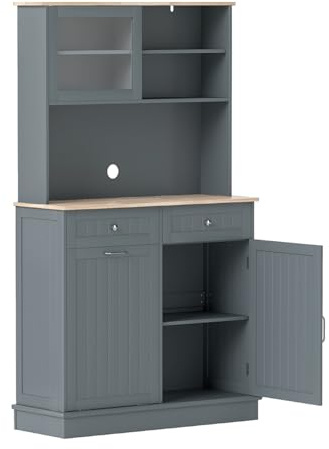 KOMFOTTEU Credenza Alta da Cucina con Supporto per Bidoni della Spazzatura, Mobile Cucina Dispensa con Piano di Lavoro in Legno di Gomma, 2 Cassetti, Armadietto Buffet con Ripiani Regolabili (Grigio)