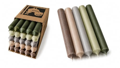 Set di 25 candele a stelo – 18 cm di lunghezza – colorate e antigoccia – Ø 2,2 cm – Made in Germany – mix di candele premium tortora, grigio, marrone, verde salvia e verde oliva, durata circa 8 ore