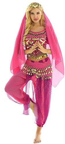 YiZYiF 4 delar magdans kostym för kvinnor, topp + haremsbyxor + huvudduk + höftduk indiska danskläder Belly Dance karneval performance outfits, rosa, En Storlek