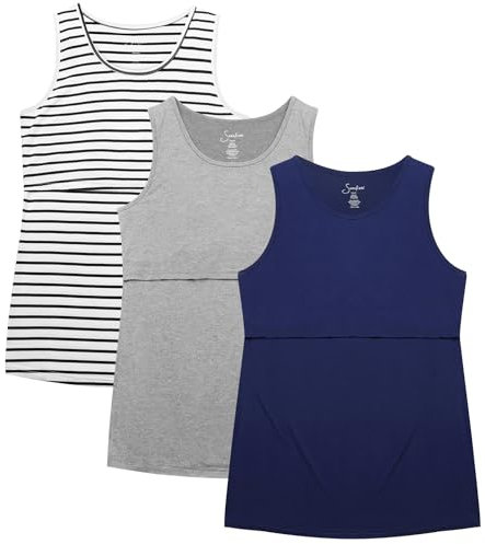 Sosolism 3er-Pack Stilloberteil Sommer Mode Stillshirt Damen Gestreift Stillkleidung,Blau/Gestreift/Grau,Größe M