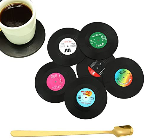 6 sottobicchieri in silicone antiscivolo con 1 cucchiaino da caffè, timbri CD in vinile retrò, tamponi di isolamento termico, protezioni per ufficio, sottobicchieri rotondi per caffè, bevande