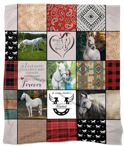 NICTIMEID Western Style Horse & Pony Memorial Blanket – Personalized Photo & Name – Custom Pet Loss Sympathy Gift – Remembrance Keepsake for Riders or Cowboy Cowgirl