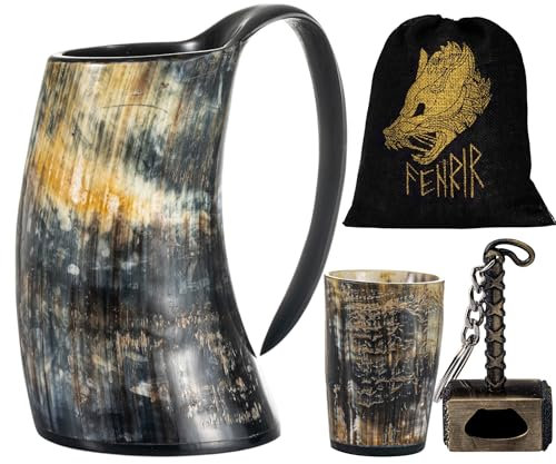 FENRIR Viking Drinking Horn Mug | Thor Bottle Opener Shot Glass | Authentic Ox Horn Medieval Style Mead Tankard | Norse Ale Beer Stein | Loud Cup Tumbler Horn | Unique Gifts for Men | 16-oz