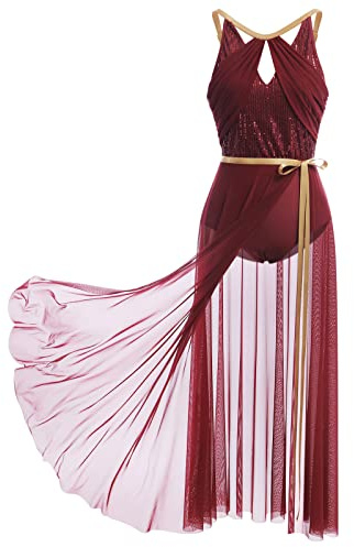 FYMNSI Vestido de danza lírico para mujer, vestido de ballet, sin mangas, maillot de lentejuelas con falda envolvente, moderno y contemporáneo, traje de baile, borgoña, M