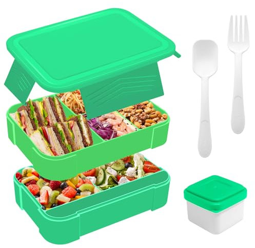 Brotdose Kinder mit Fächern, 1550ML Lunchbox Kinder Auslaufsicher, Bento Box BPA Frei, Lunch Box Erwachsen mit Besteckset, Stapelbare Vesperbox für Picknick, Job, Schule (Grüner)
