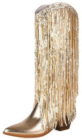 Voviggiw Bottes de cowboy à franges métalliques pour femme avec pompon pour fête, concert à la campagne, bottes western scintillantes, doré, 37.5 EU