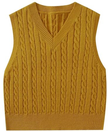 Women's Sleeveless Sweater Vest V Neck Pullover Knitted Tank Ladies Solid Color Chunky Knit Vests Casual Soft Jumper Waistcoat for Autumn Winter Lightweight Sweaters Gilets for Women UK Yellow
