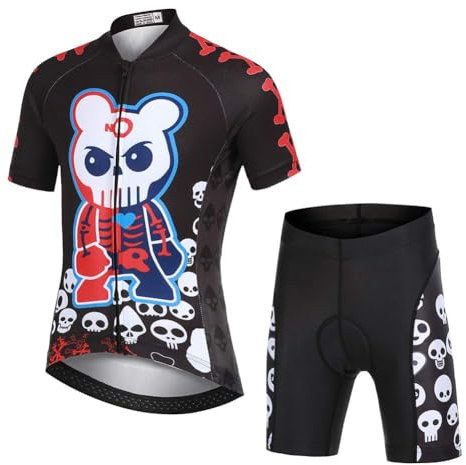 L PATTERN Kinder Radtrikot Set Jungen radsport anzüge (Fahrrad Trikot Kurzarm + Radhose) Mädchen Fahrradbekleidung Anzug mit Sitzpolster, Weiß Skelett auf Schwarz, 134/140(Tag:L)
