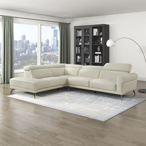 Lexicon L-Shaped Sectional Couch with Left Chaise, Top Grain Leather Match Sectional Sofa, Adjustable Headrests, Black Chrome Metal Legs, High-Density Cushions, Stitching, for Living Room, Beige