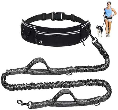 Hands Free Dog Leash with Partitioned Pouch Adjustable Waist Belt, Waist Leash for Dog Walking Running, Dual Handles, for Medium/Large Dogs