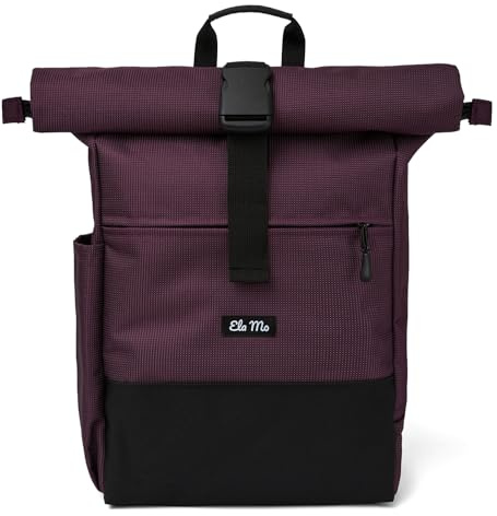 Ela Mo® Rolltop Rucksack Damen - Rollrucksack Anti Diebstahl für Sport & Reisen - Laptoprucksack für Schule, Uni, Business - Mit USB Anschluss & kompaktem Flaschenhalter - Plum Reflective