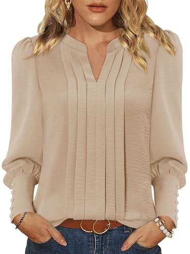KISSMODA Womens Casual Pleated Blouses Long Puff Sleeve V Neck Tunic Tops Dressy Trendy Shirts Elegant Fall Outfits