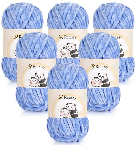 Reessy Chenille Yarn 600g, Soft Chunky Wool for Knitting&Crochet-Sky Blue | Velvet Chenille Wool for knitting 100g balls, Chunky Crochet Yarn for Crochet Blanket, Amigurumi, Handbag, Hat, DIY Crafts