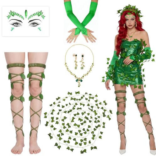6PCS Tillbehör Kostym Gift Murgröna, Ivy Bandage och Vinstockar Krans Ansiktsädelstenar Gröna Handskar Halsband och Örhängen, Forest Fairy Kostym Dam för Halloween Karnival Cosplay