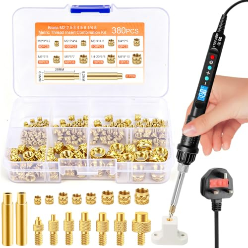 AOBOPLE Soldering Iron Tips for Threaded Inserts Set 80W LED Soldering Iron Kit Adjustable Temperature 180-500°C with 380PCS Threaded Inserts M2/M3/M4/M5/M6/M8 for Inserts 3D Printing and Plastic