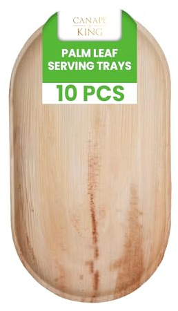 Canape King 10x Disposable Palm Leaf Serving Trays - Oval Large (55 x 30 cm) Wooden Serving Platters - 100% Biodegradable and Eco-Friendly Charcuterie Board for Wedding, Party & Picnic