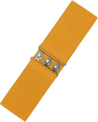 Ro Rox Damen Breiter Elastischer Taillengürtel im Retro Vintage Stil – Stretchgürtel für Kleider, 50er Jahre – Silberne oder Goldene Schnalle - DE 44-50 - Senf (Large)