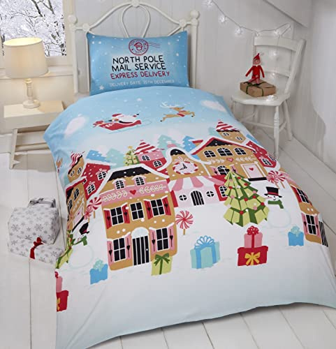 Rapport Gingerbread Town Single Duvet Cover Children's Christmas Bedding Set, 2 pieces, Festive, Blue