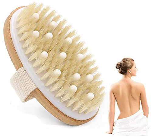 RZJZGZ Dry Brushing Body Brush Physical Scrubber Improves Lymphatic Functions, Stimulates Blood Circulation Shower Massage Natural Bristle Bath Brush for Remove Dead Skin Toxins Cellulite (Oval)