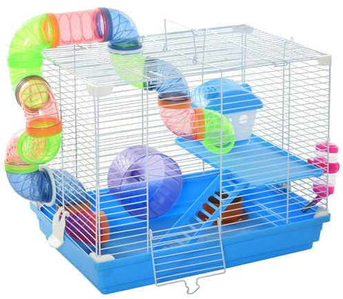 PawHut Gabbia per Criceti a 2 Livelli con Serbatoio per Acqua, Vassoio Rimovibile, Tunnel e Ruota per Criceti, 46x30x37cm, Blu e Bianca