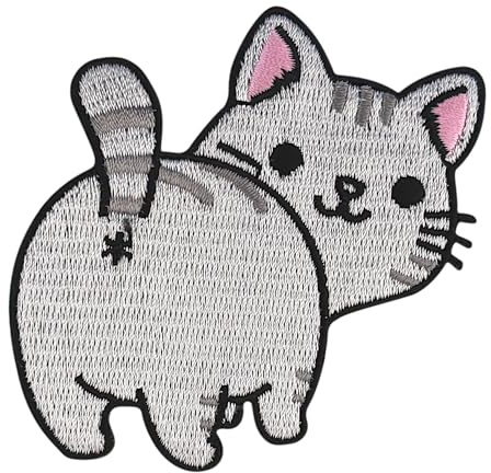 Urbanski Patch Lustige süße Katze mit grauem Fell zum Aufbügeln 7 x 7,2 cm | Aufnäher Applikation Bügelbild