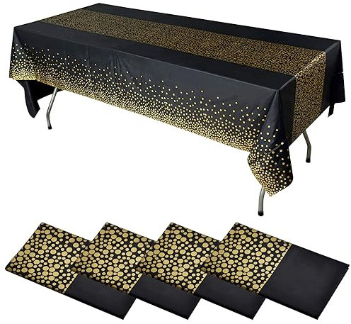 DAWRIS 4 Piezas Mantel Desecheble Fiesta Oro Negro Mantel Rectangular Dorado Cubierta de Mesa para Banquetes Graduación Cumpleaños Cóctel Aniversario Compromiso,137 cm x 274 cm