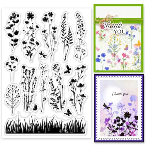 GLOBLELAND Wildflower Meadow Silhouette Clear Stamp Vintage Flowers Plants Clear Rubber Stamps Silicone Stamps for DIY Scrapbooking Photo Album Decorative Cards Making Home Decoration 6.3x4.33inch