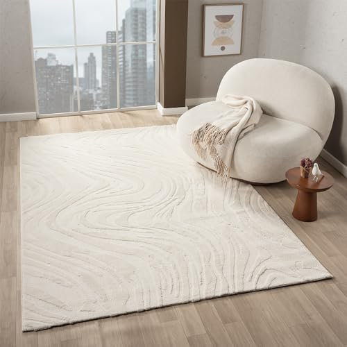 VIMODA Teppich Wohnzimmer Teppich Schlafzimmer 3D Effekt modern Weich kurzflor Wellenmuster Qualitativ, Farbe:Creme, Maße:200x290 cm