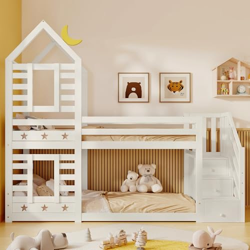 AYOROF Bunk Bed with Storage, Children Cabin Bed Single Bed with Window for Kids, Twin Sleeper 190x90 cm, Solid Pine Wood, 3FT -White