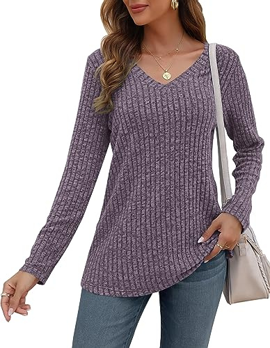 AUSELILY Pulls décontractés pour Femmes Sweatshirt col en V Haut de Mode à Manches Longues Léger Sweat en Tricot Tops Informal pour Française
