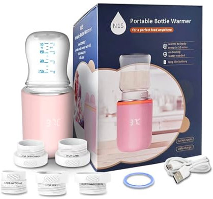 Aka & Lou Babyflaschenwärmer für unterwegs, schnelles Aufhitzen, 4 Temperaturstufen, auslaufsicher, tragbar, Langhaltender Akku, USB-C Ladekabel, für Avent (Mam)-Dr.Browns-Medela und Nuk.