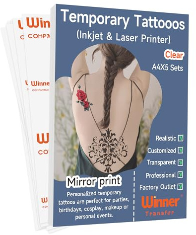 WinnerTransfer Professional Printable Clear Temporary Tattoo Transfer Paper for Inkjet & Laser Printer A4 5 Sets (A+B) Transparent Tattoo Stickers DIY Realistic Tattoos Easy to Use(WT-tatoo1.0-5)