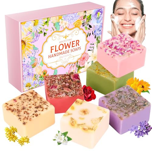 Natural Soap Bar Set for Face & Body, 6 Pcs Handmade Shower Soap with Flowers, Gentle Cleansing Hydrating & Nourishing Bath Soap for Smooth Skin, Perfect Mothers Day & Birthday Gifts for Women