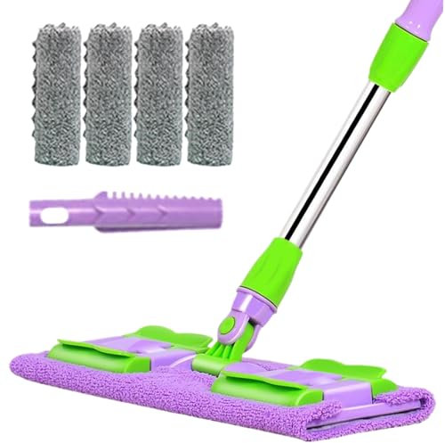 Mopa para Suelos de Madera,Mopa Reutilizable con 4 Paños Lavables - Mango Telescópico y Cabezal Giratorio 360° para Cocina Baño Suelo Madera Baldosa