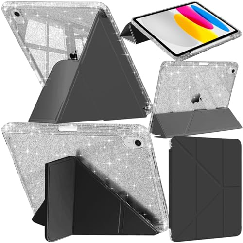 A-BEAUTY Glitzer Hülle Kompatibel mit iPad (A16) 11./10. Generation (2025/2022) Transparente Cover mit Stifthalter & Adapter Halter, 6-in-1 Y-Förmige Trifold Ständer, Schwarz