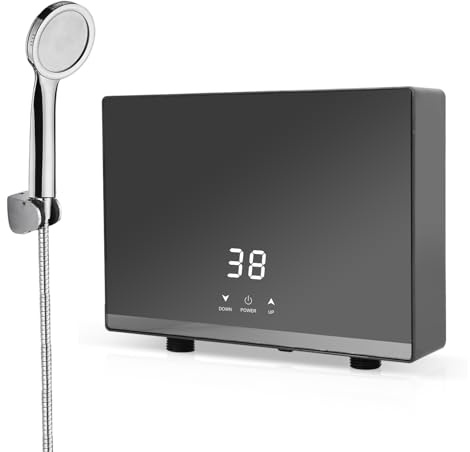 Btstil Mini scaldabagno istantaneo Tankless, 5,5 kW, con pannello di visualizzazione digitale a LED, scaldabagno elettrico istantaneo per bagno, cucina (con soffione doccia)