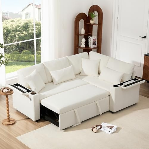 Luonians Divano ad angolo convertibile con USB, porta bicchieri, spazio di archiviazione, bracciolo e due cuscini, divano letto, divano convertibile a 3 posti, ciniglia (A-Beige)