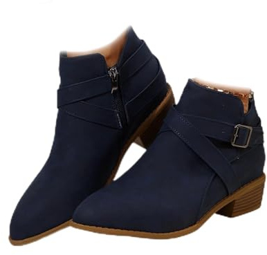 POIOZXD Stivaletti da donna in pelle con fibbia e tacco grosso, con cerniera laterale, alla moda, comodi, punta rotonda, tacco basso impilato, stivaletti alla caviglia da donna, Blu, 38 EU