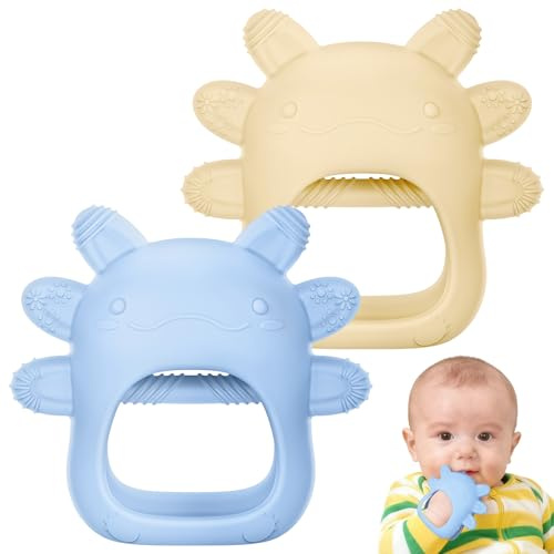 Vicloon Baby Teething Toy, 2Pcs Silicone Mitten Teether, Soft Chewable Teether Toy, BPA Free Teething Mitten for Babies, Anti-Drop Teething Relief Chew Toys for Infant 0-12 Months, Blue+Off-White