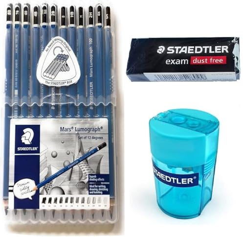 Staedtler Mars Lumograph Pencil Set – 12 Premium Graphite Drawing Pencils (6H-8B) with Sharpener & Dust-Free Eraser – Professional Sketching & Shading Kit for Artists, Designers & Students