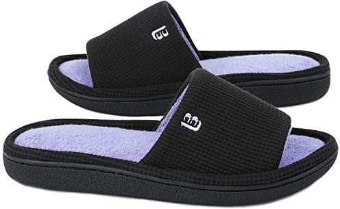 LongBay Women’s Waffle Slippers Open Toe Slip On Memory Foam Flat Summer House Slipper（7-8,Black）