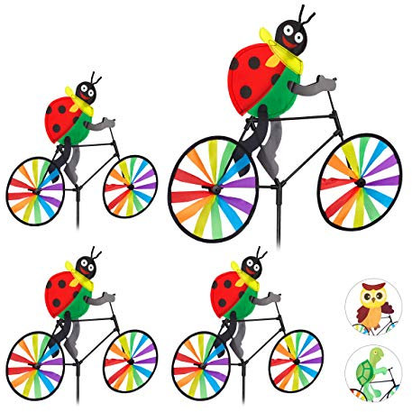 Relaxdays 4 Molinillos de Viento Mariquita para Terraza, Jardín y Niños, Poliéster y Plástico, Multicolor